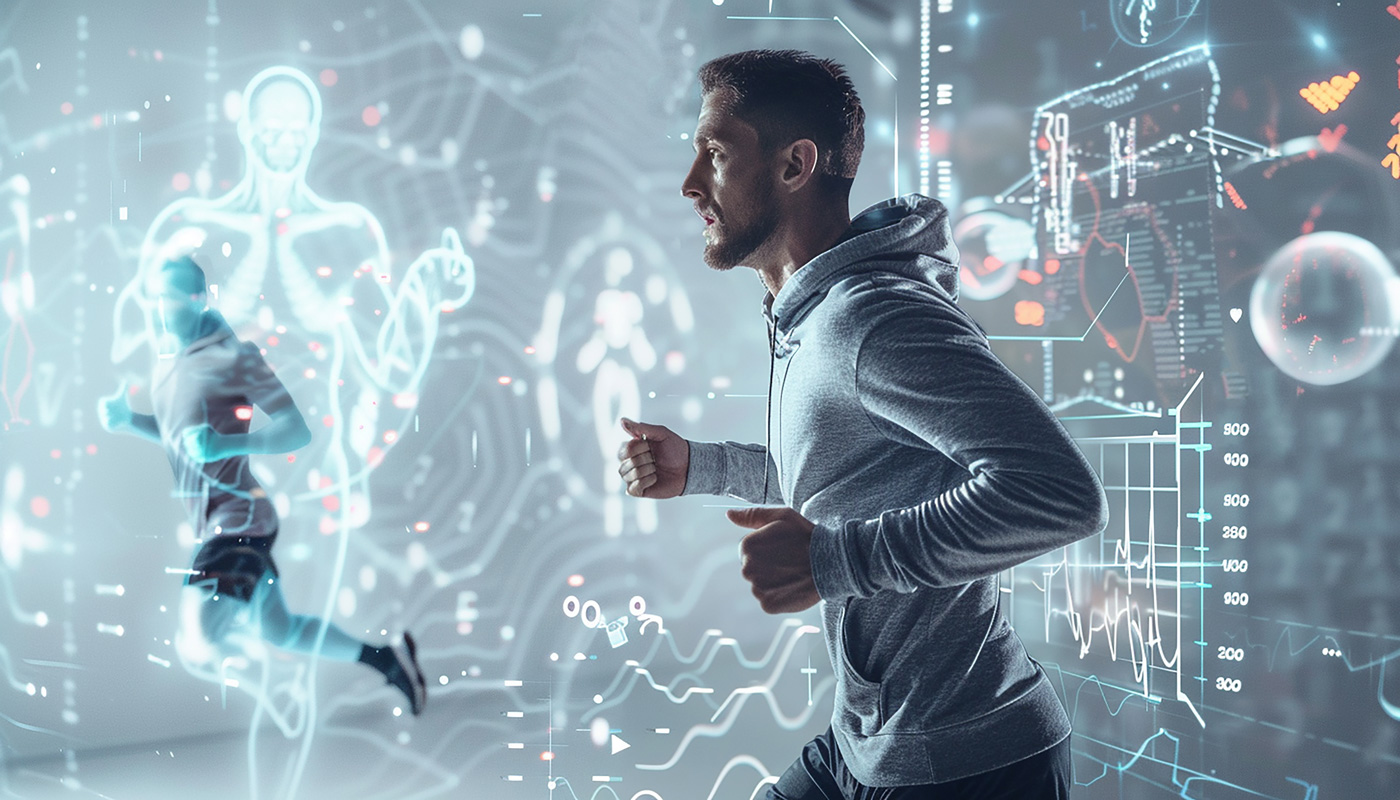 Athletic man running with advanced biometric health data overlays